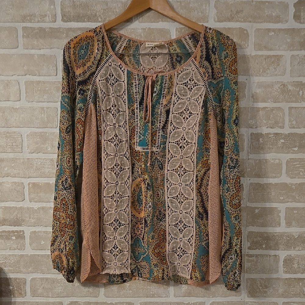 Meadow Rue Tan and Brown Bell Sleeve Blouse with Tie Front (Sheer)